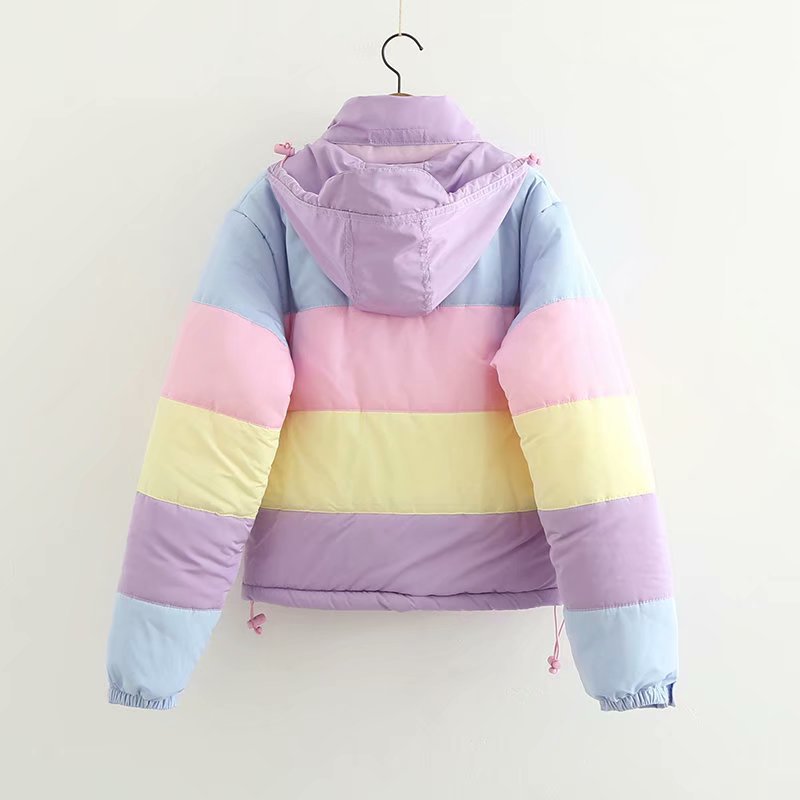 Winter Thicken Rainbow Contrast Women's Down Jacket Loose Padded Student Winter Coat Women Warm College Parka Female