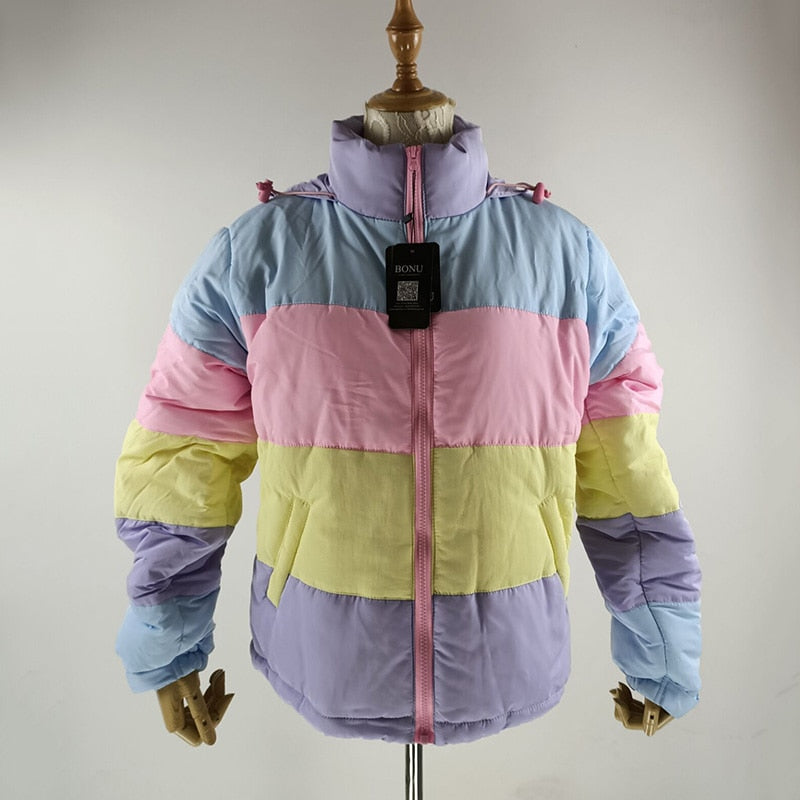 Winter Thicken Rainbow Contrast Women's Down Jacket Loose Padded Student Winter Coat Women Warm College Parka Female