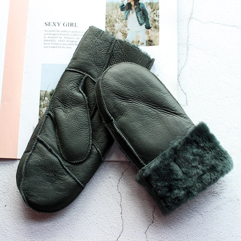 Sheepskin Fur Mittens Women&#39;s Leather Wool Color Winter Warmth Thickening Outdoor Cold-Proof Boy Student Windproof Gloves