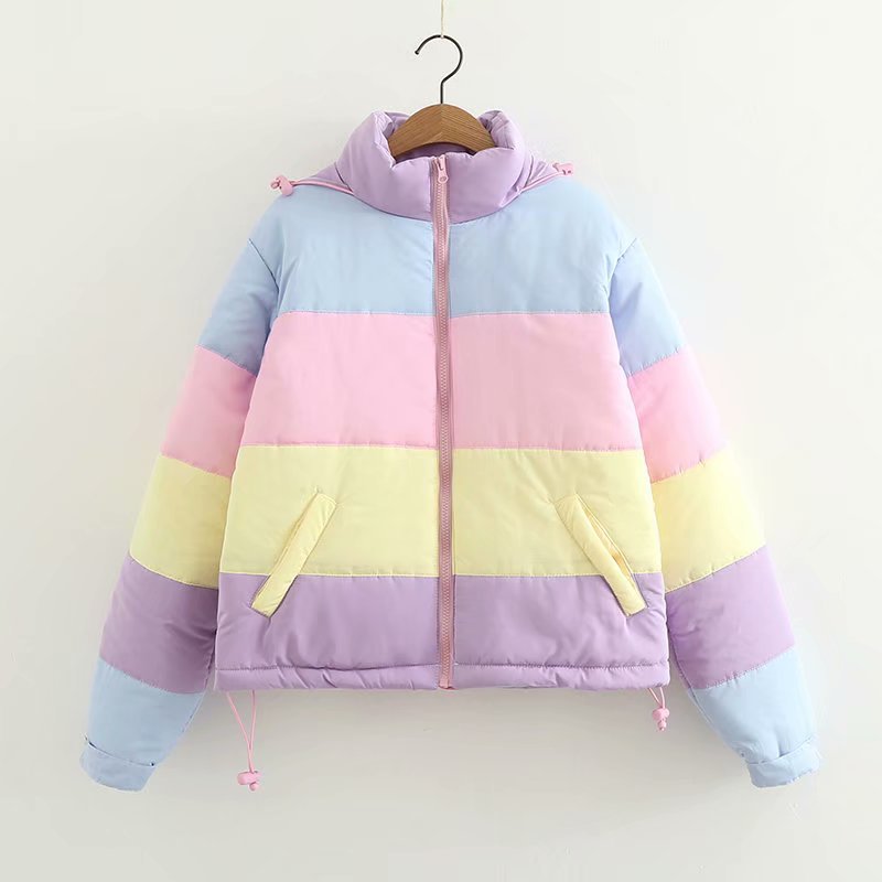 Winter Thicken Rainbow Contrast Women's Down Jacket Loose Padded Student Winter Coat Women Warm College Parka Female